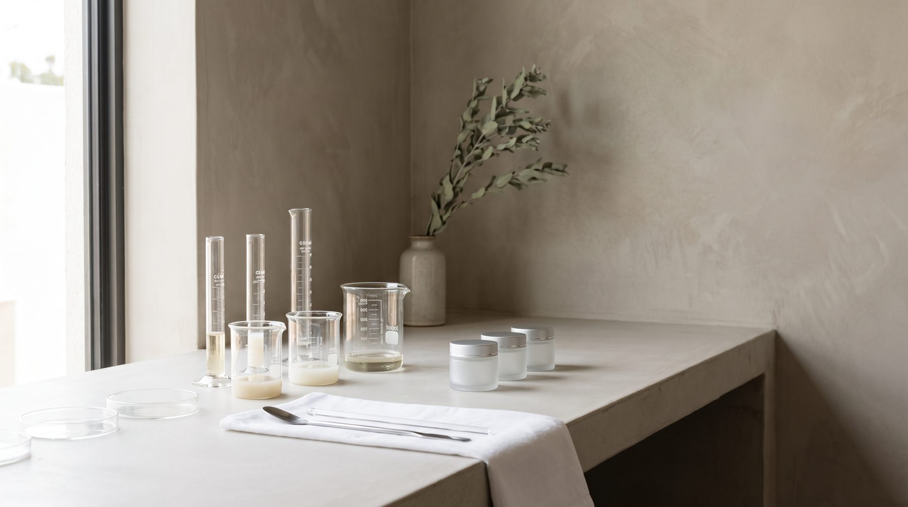 Glass beakers and unlabelled bottles on a formulation bench